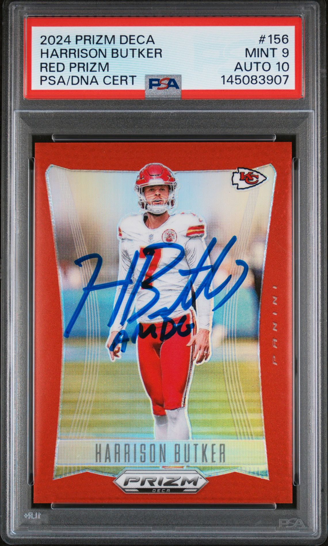 Harrison Butker 2024 Panini Prizm Deca Red Kansas City Chiefs Signed Football Card #156 Auto 10 Graded PSA 9 Cert #145083907 37/199