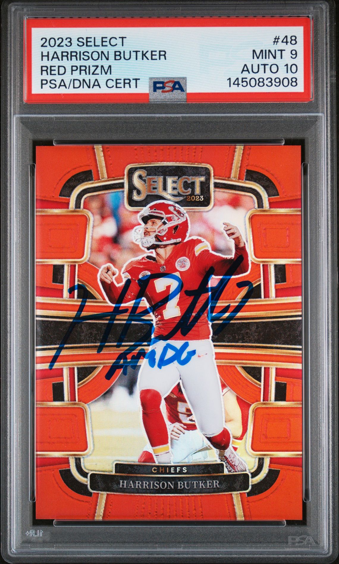 Harrison Butker 2023 Panini Select Red Prizm Kansas City Chiefs Signed Football Card #48 Auto 10 Graded PSA 9 Cert #145083908 25/99