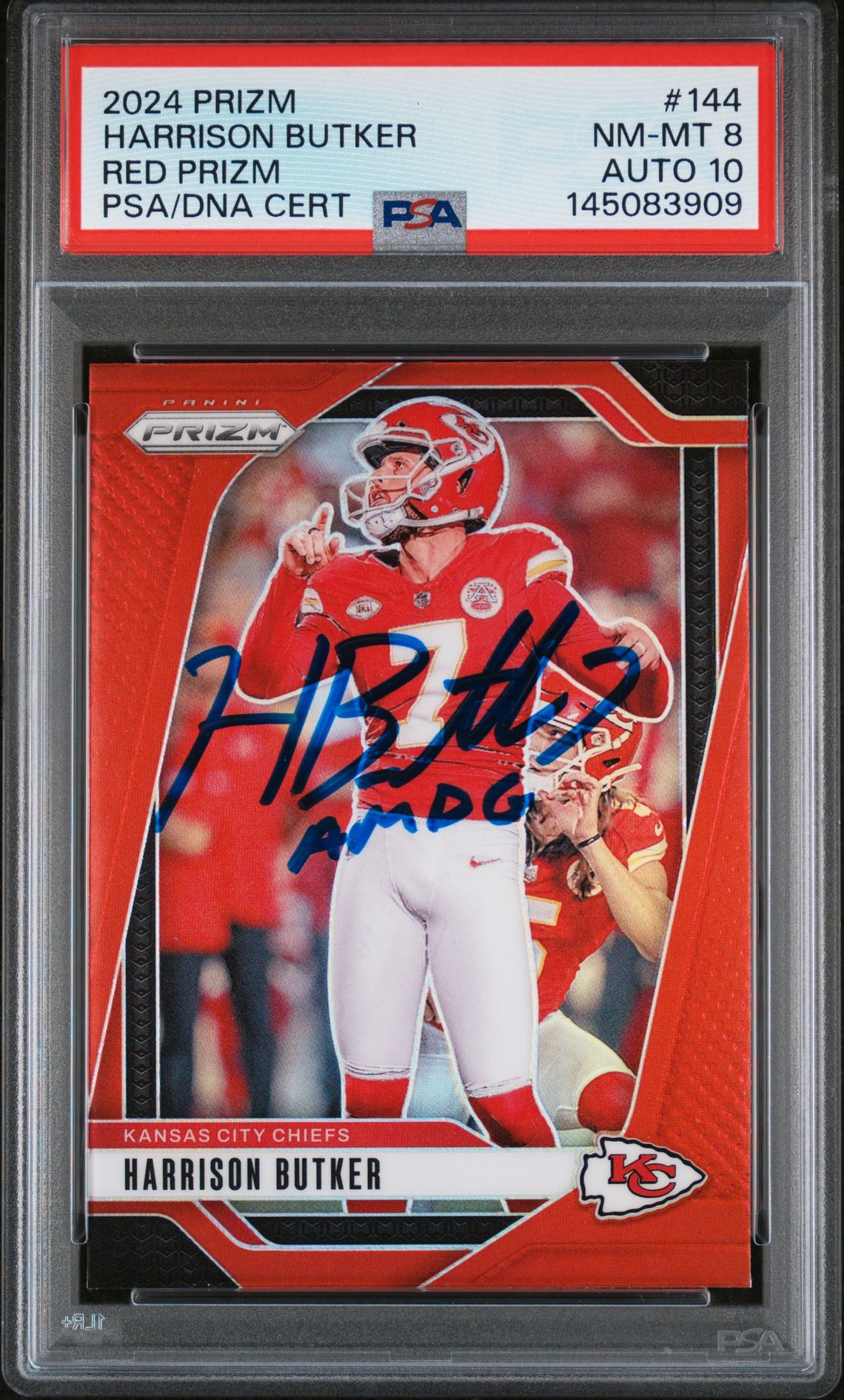 Harrison Butker 2024 Panini Prizm Red Kansas City Chiefs Signed Football Card #144 Auto 10 Graded PSA 8 Cert #145083909