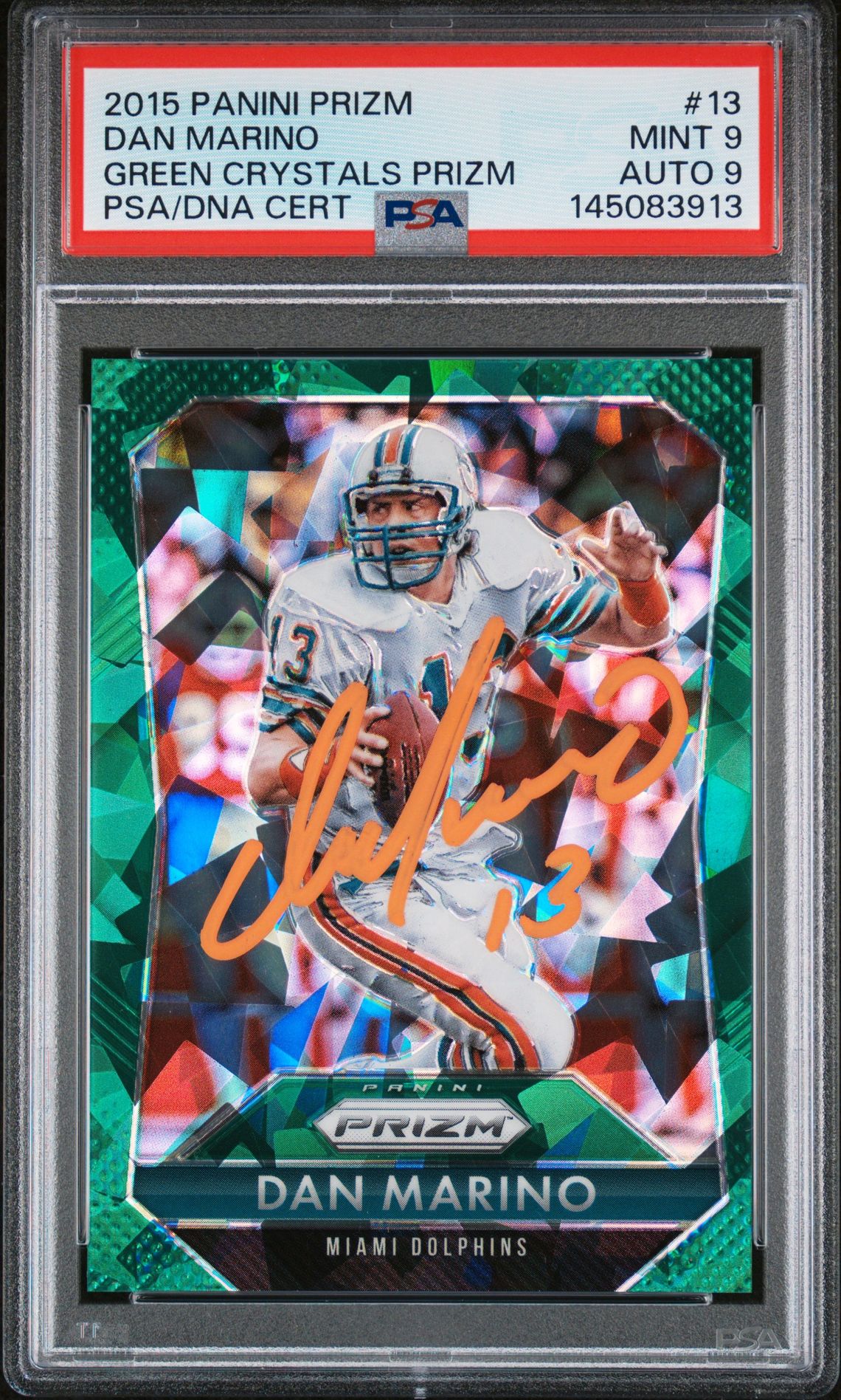 Dan Marino 2015 Panini Prizm Green Crystals Miami Dolphins Signed Football Card #13 Auto 9 Graded PSA 9 Cert #145083913 15/75