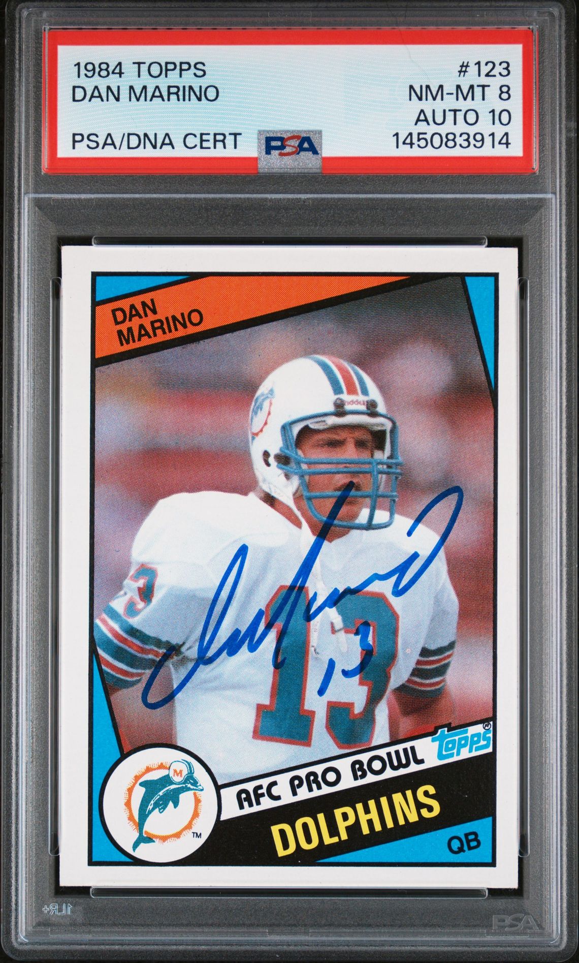 Dan Marino 1984 Topps Miami Dolphins Signed Football RC Rookie Card #123 Auto 10 Graded PSA 8 Cert #145083914