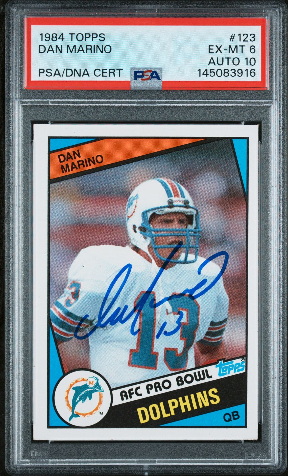 Dan Marino 1984 Topps Miami Dolphins Signed Football RC Rookie Card #123 RC Auto 10 Graded PSA 6 Cert #145083916