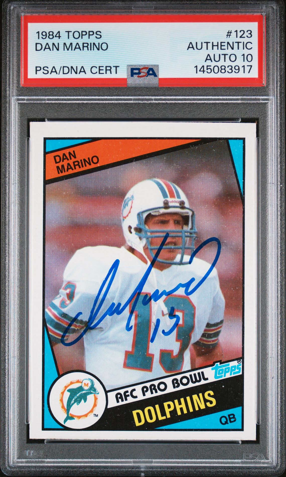 Dan Marino 1984 Topps Miami Dolphins Signed Football RC Rookie Card #123 RC Auto 10 PSA Authentic Cert #145083917