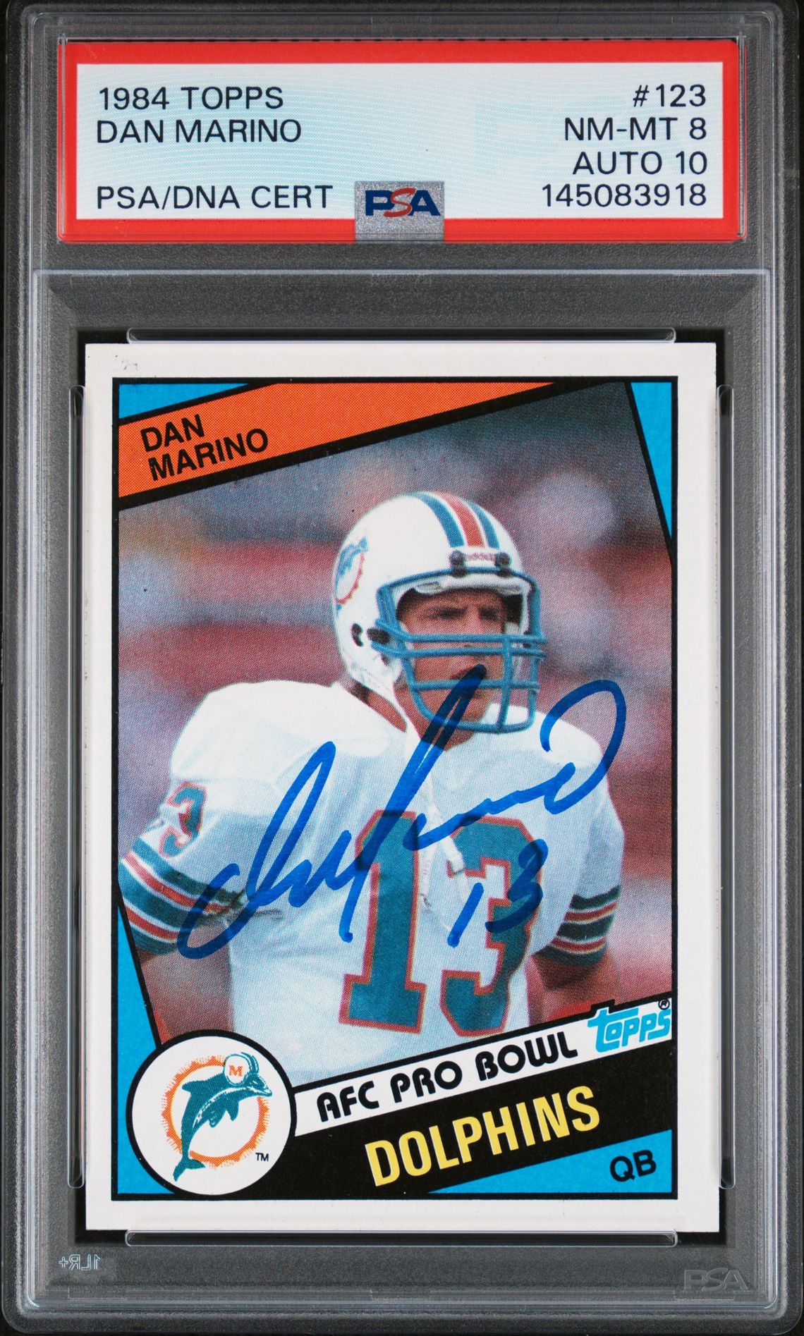 Dan Marino 1984 Topps Miami Dolphins Signed Football RC Rookie Card #123 RC Auto 10 Graded PSA 8 Cert #145083918