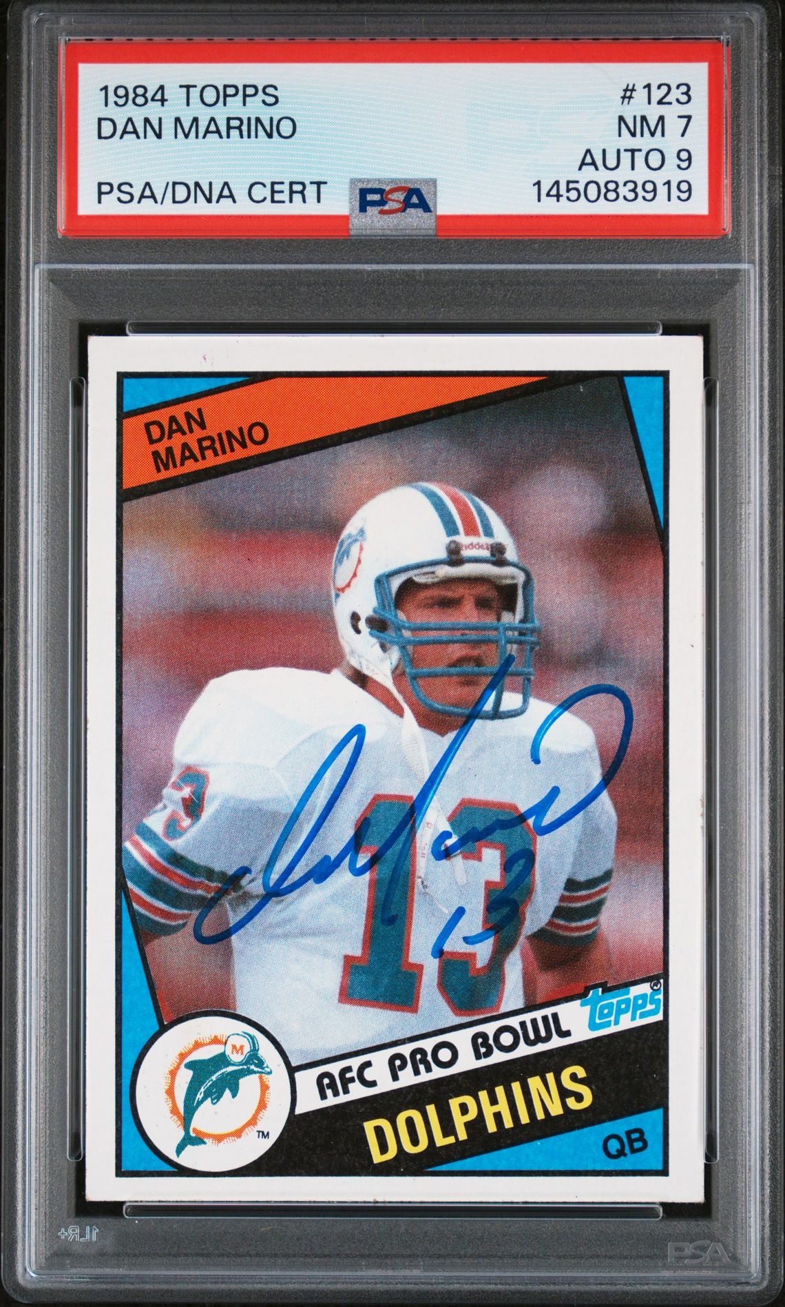 Dan Marino 1984 Topps Miami Dolphins Signed Football RC Rookie Card #123 RC Auto 9 Graded PSA 7 Cert #145083919