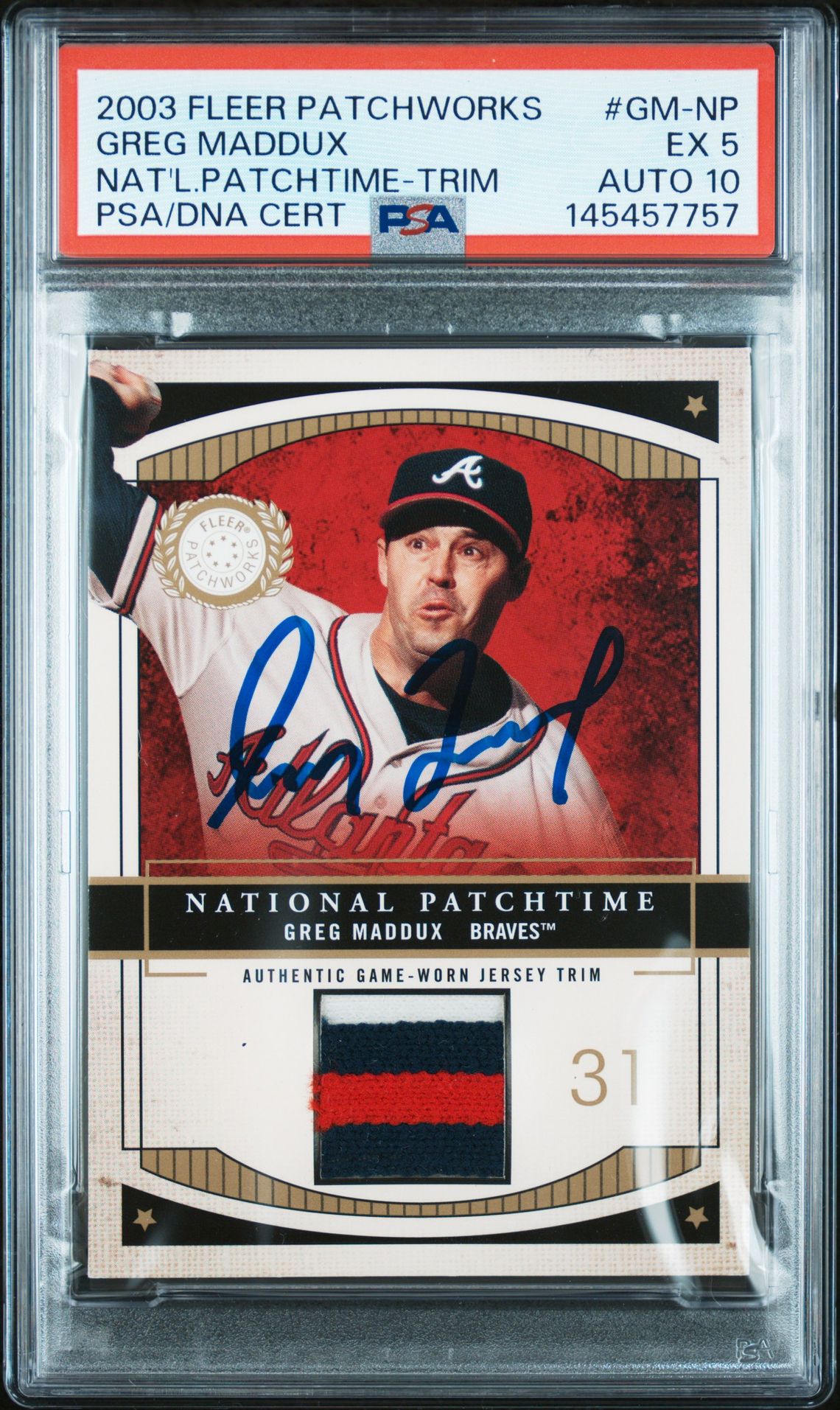 Greg Maddux 2003 Fleer Patchworks National Patchtime Trim Atlanta Braves Signed Baseball Jersey Game Worn Patch Card #GM-NP Graded PSA 5 Auto 10 Serial #40/200 Cert #145457757
