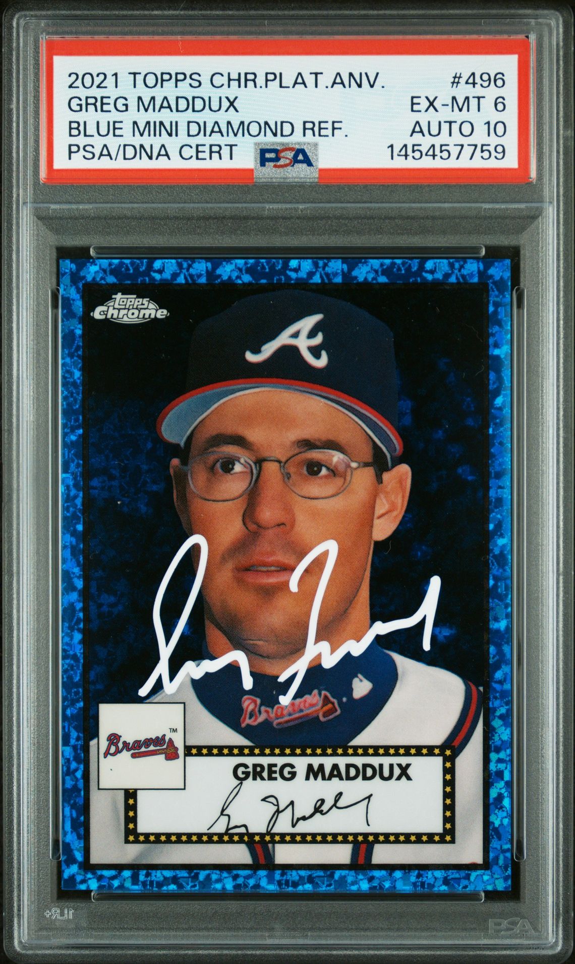 Greg Maddux 2021 Topps Chrome Platinum Anniversary Blue Mini Diamond Refractor Atlanta Braves Signed Baseball Card #496 Graded PSA 6 Auto 10 Serial #137/199 Cert #145457759