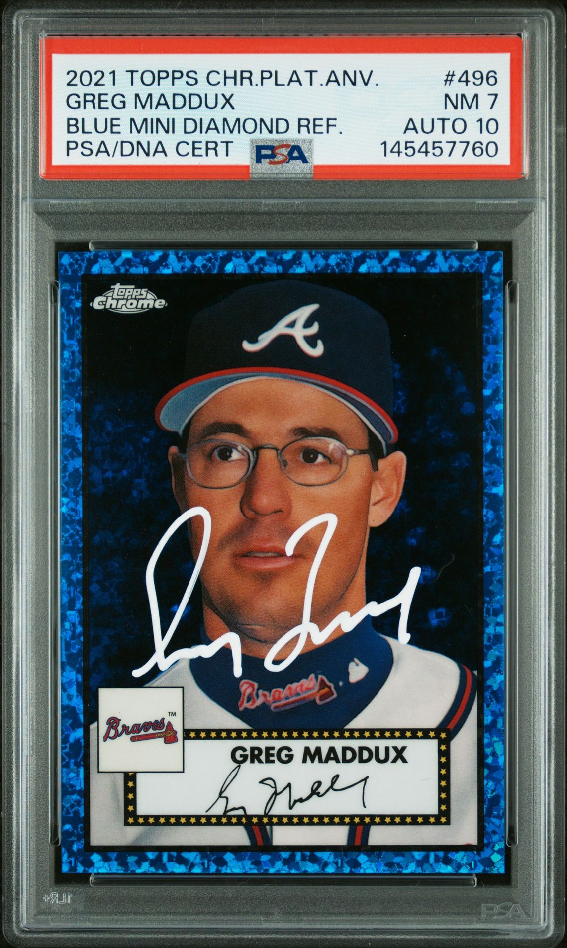 Greg Maddux 2021 Topps Chrome Platinum Anniversary Blue Mini Diamond Refractor Atlanta Braves Signed Baseball Card #496 Graded PSA 7 Auto 10 Serial #39/199 Cert #145457760