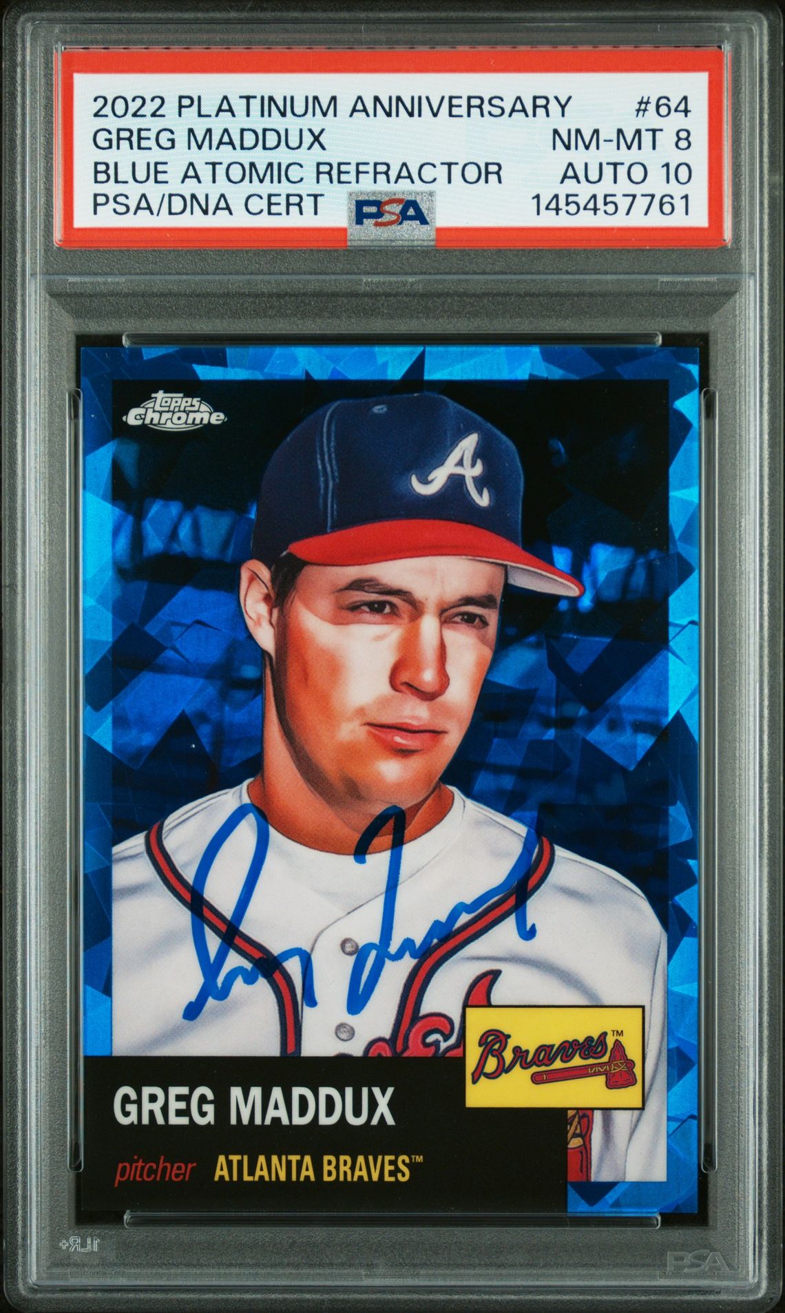Greg Maddux 2022 Topps Chrome Platinum Anniversary Blue Atomic Refractor Atlanta Braves Signed Baseball Card #64 Graded PSA 8 Auto 10 Serial #58/100 Cert #145457761