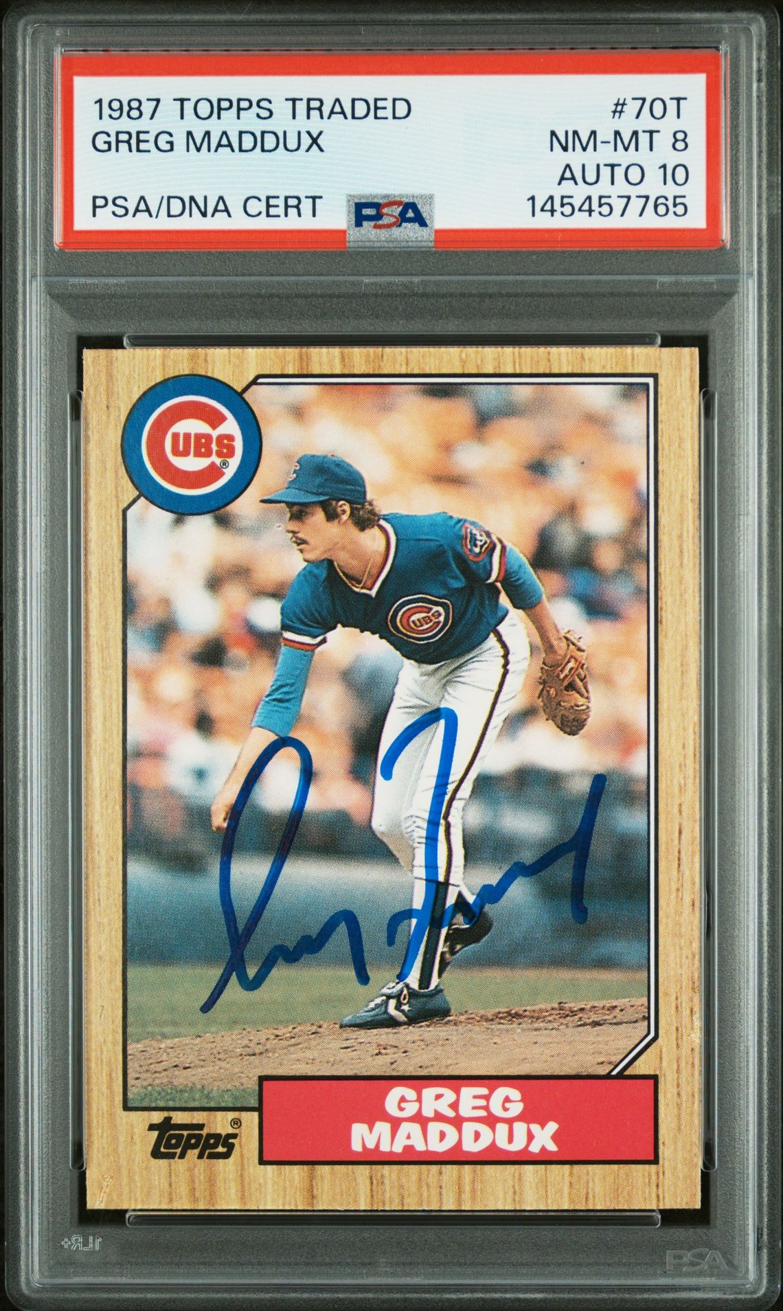 Greg Maddux 1987 Topps Traded Chicago Cubs Signed Baseball RC Rookie Card #70T Graded PSA 8 Auto 10 Cert #145457765