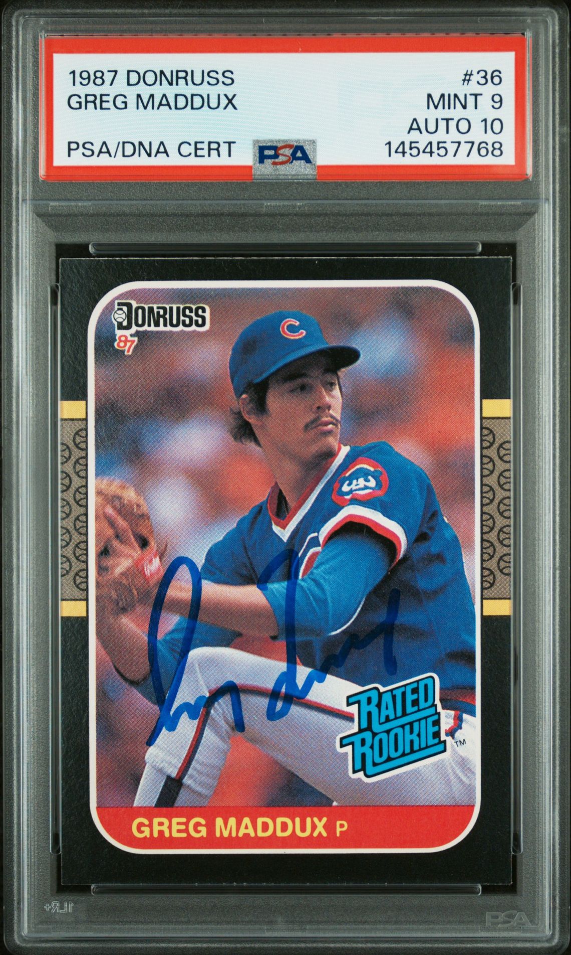 Greg Maddux 1987 Donruss Rated Rookie Chicago Cubs Signed Baseball RC Rookie Card #36 Graded PSA 9 Auto 10 Cert #145457768