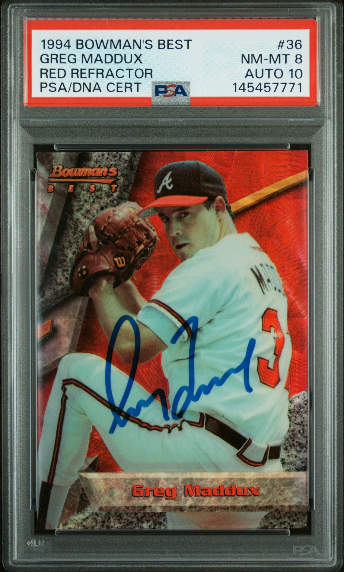 Greg Maddux 1994 Bowman’s Best Red Refractor Atlanta Braves Signed Baseball Card #36 Graded PSA 8 Auto 10 Cert #145457771