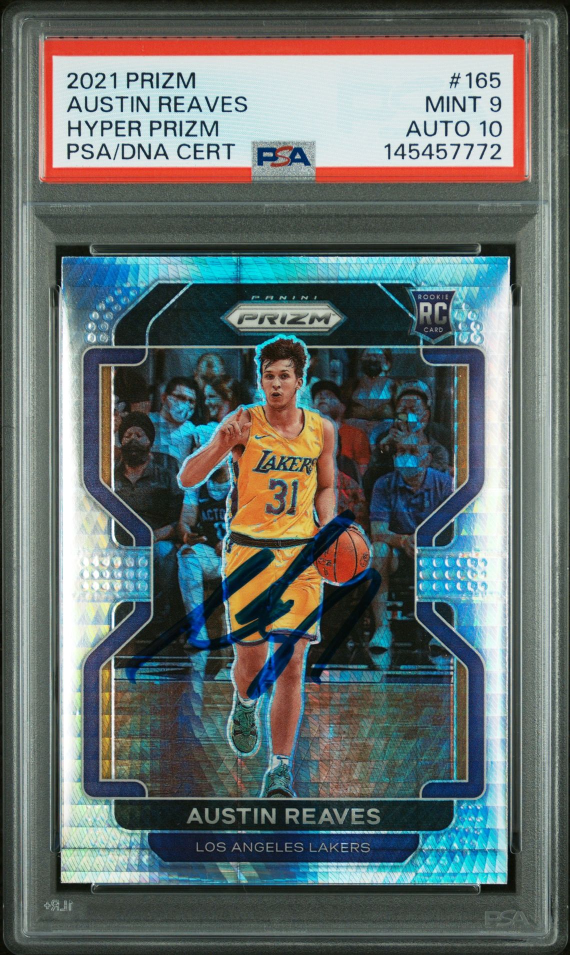 Austin Reaves 2021 Panini Prizm Hyper Prizm Los Angeles Lakers Signed Basketball RC Rookie Card #165 Graded PSA 9 Auto 10 Cert #145457772