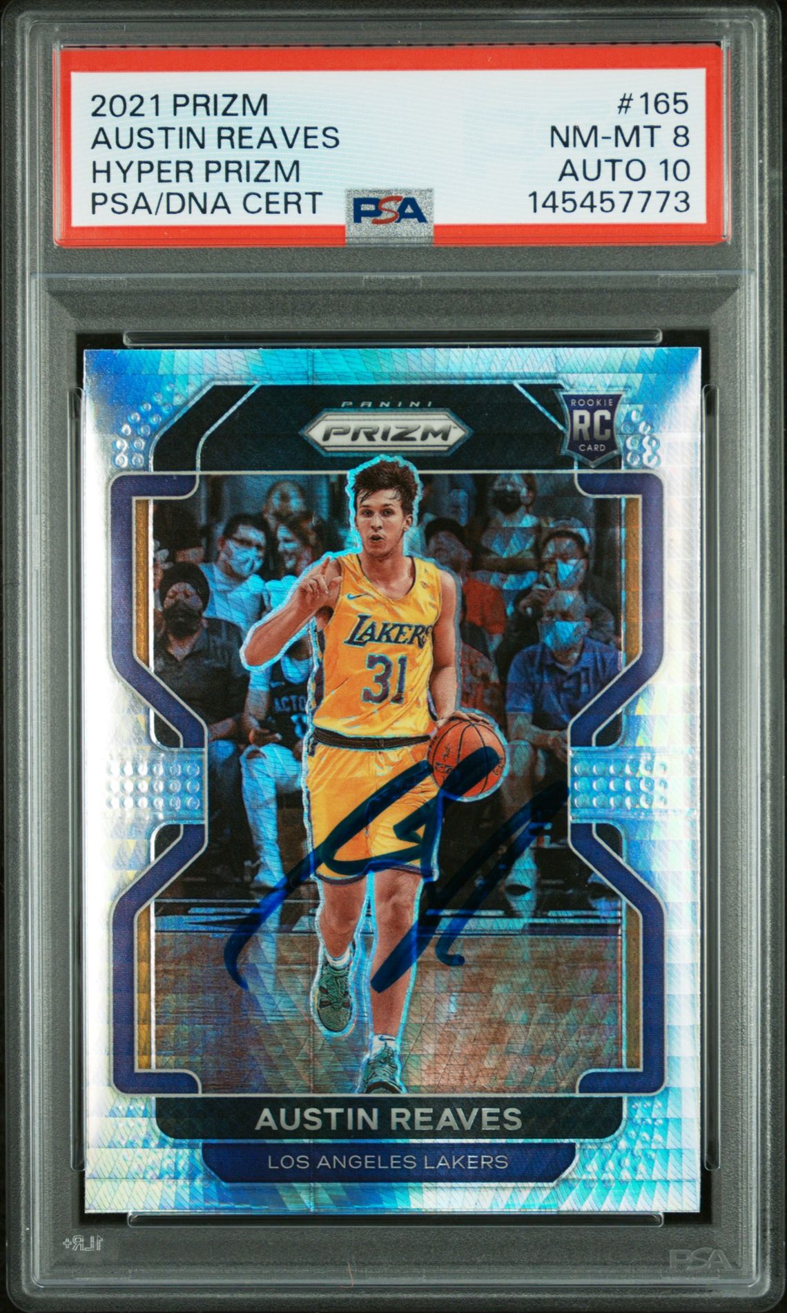 Austin Reaves 2021 Panini Prizm Hyper Prizm Los Angeles Lakers Signed Basketball RC Rookie Card #165 Graded PSA 8 Auto 10 Cert #145457773