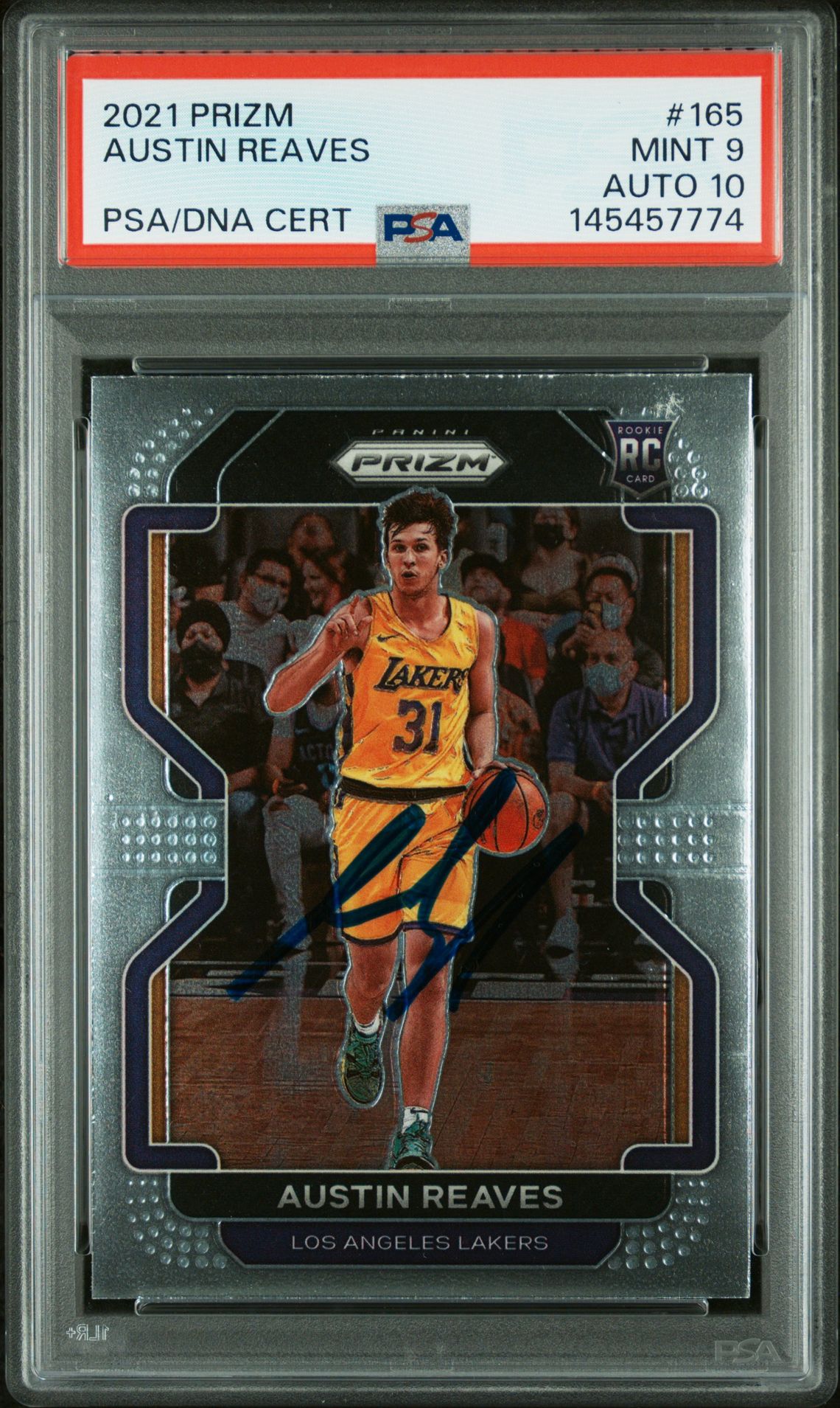 Austin Reaves 2021 Panini Prizm Los Angeles Lakers Signed Basketball RC Rookie Card #165 Graded PSA 9 Auto 10 Cert #145457774