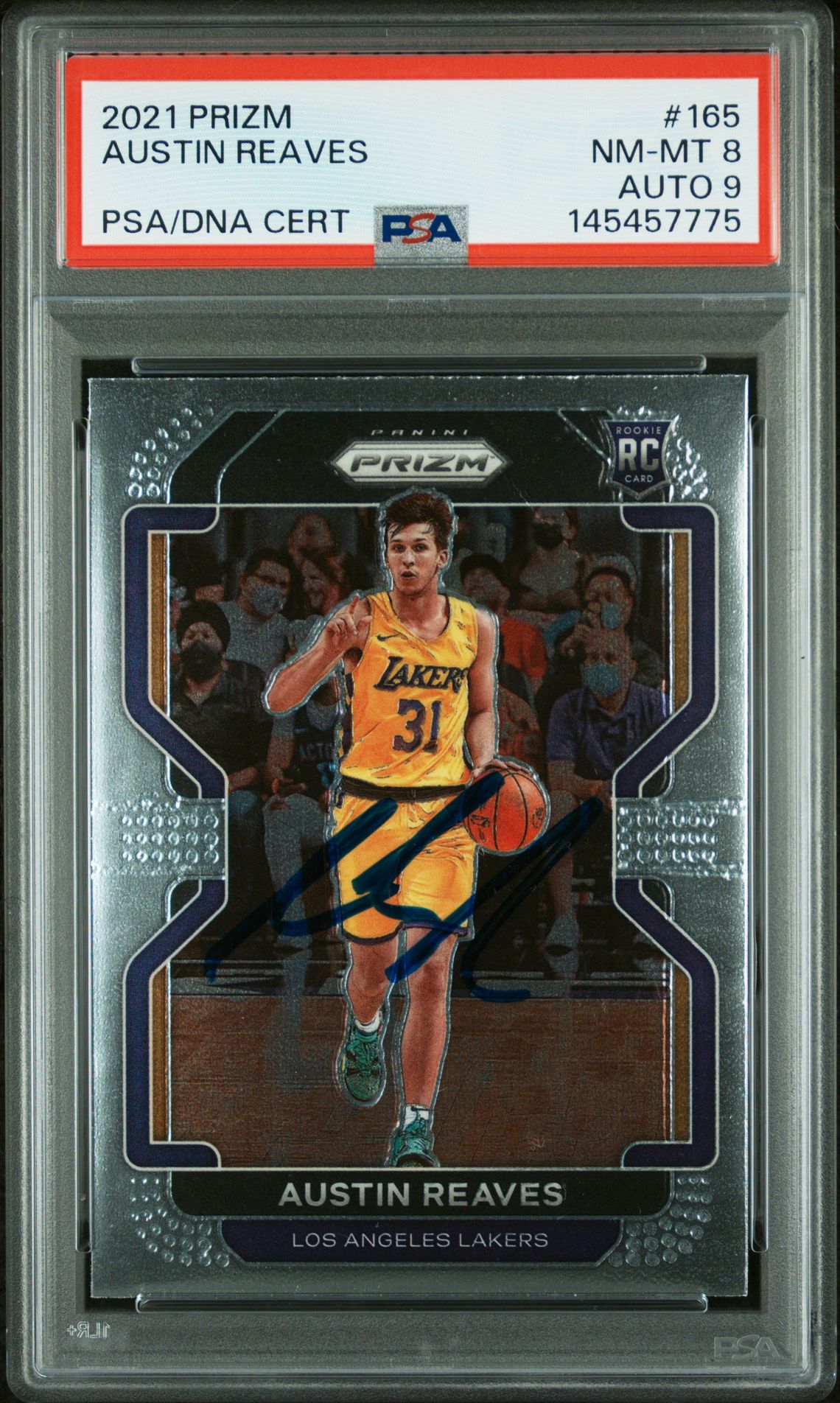 Austin Reaves 2021 Panini Prizm Los Angeles Lakers Signed Basketball RC Rookie Card #165 Graded PSA 8 Auto 9 Cert #145457775