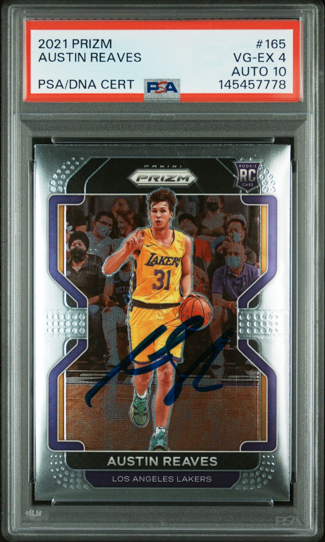 Austin Reaves 2021 Panini Prizm Los Angeles Lakers Signed Basketball RC Rookie Card #165 Graded PSA 4 Auto 10 Cert #145457778