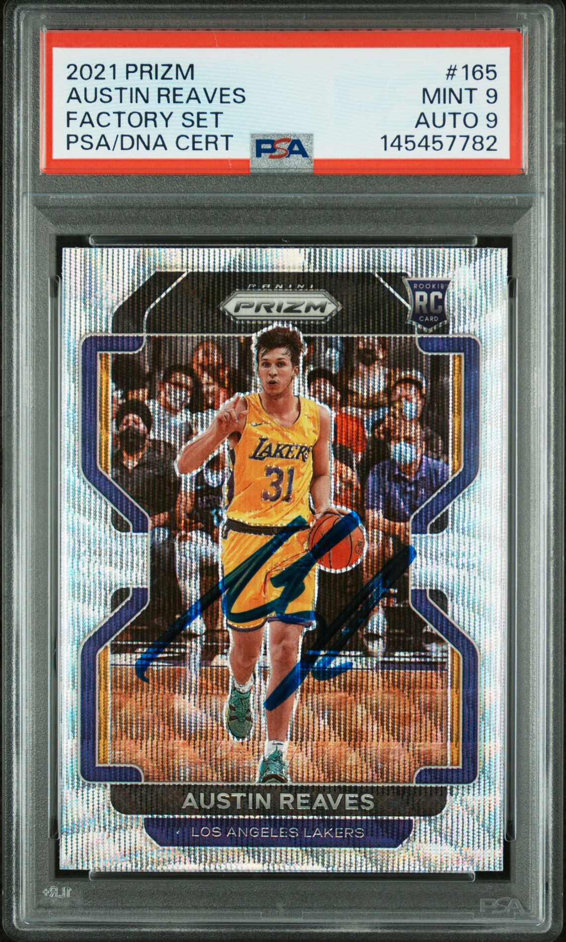 Austin Reaves 2021 Panini Prizm Factory Set Los Angeles Lakers Signed Basketball RC Rookie Card #165 Graded PSA 9 Auto 9 Cert #145457782