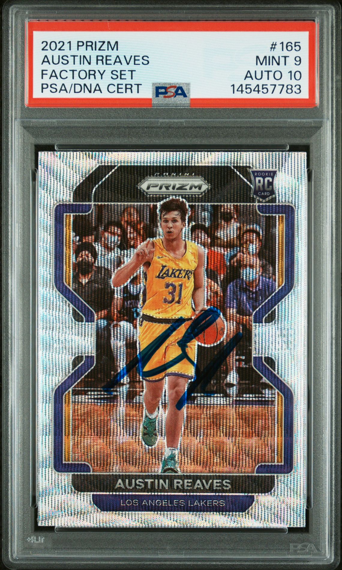 Austin Reaves 2021 Panini Prizm Factory Set Los Angeles Lakers Signed Basketball RC Rookie Card #165 Graded PSA 9 Auto 10 Cert #145457783