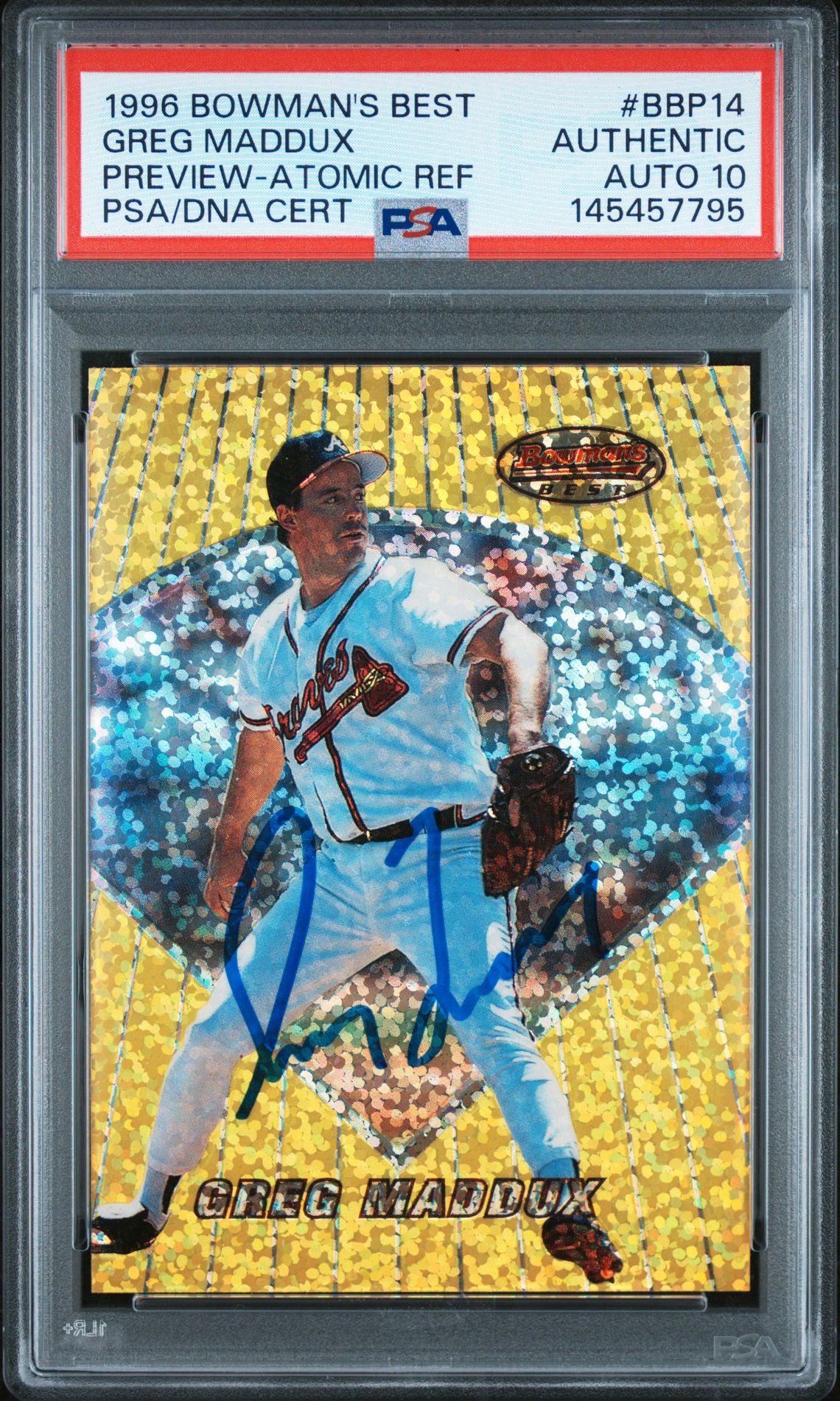 Greg Maddux 1996 Bowmans Best Preview Atomic Refractor Signed Baseball Card #BBP14 Graded PSA Authentic Auto 10 Cert #145457795