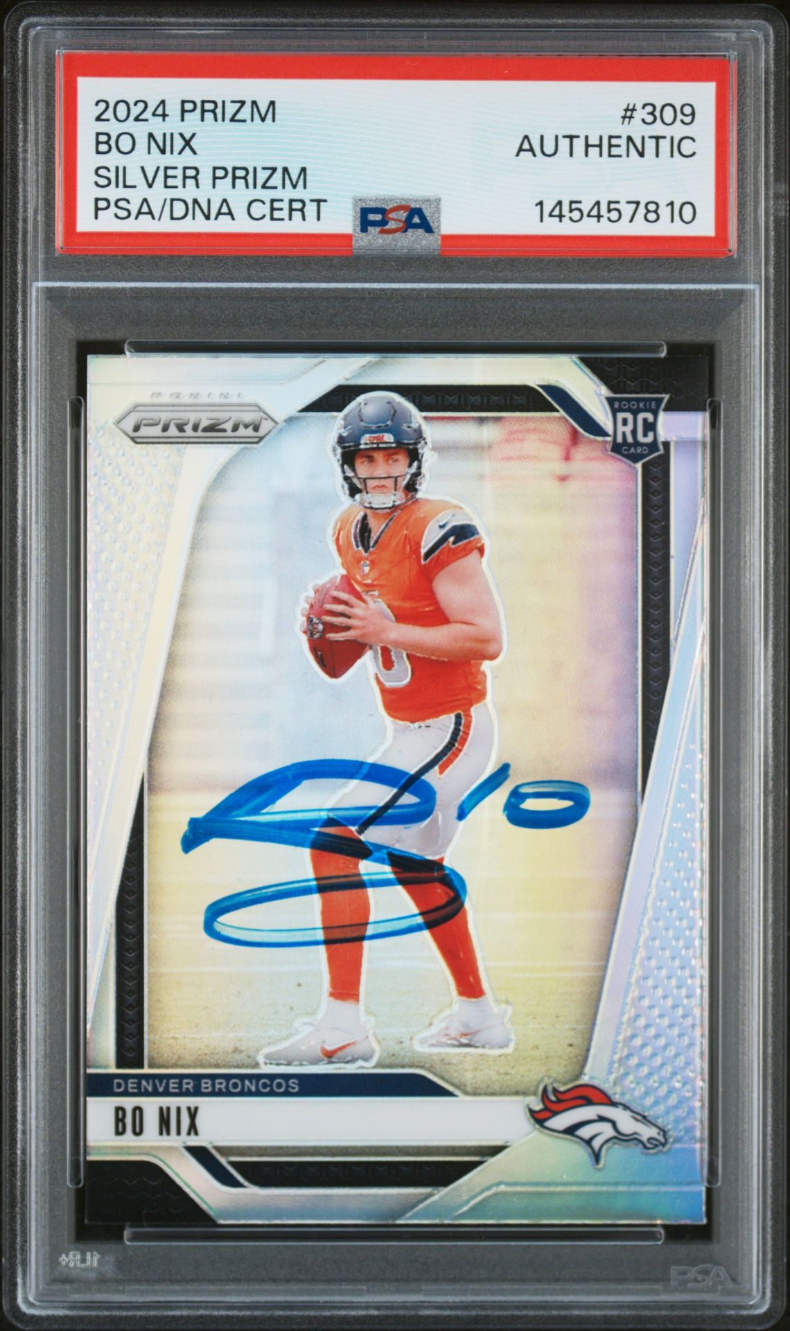 Bo Nix 2024 Panini Prizm Silver Signed Football Rookie Card #309 Graded PSA Authentic Auto Cert #145457810