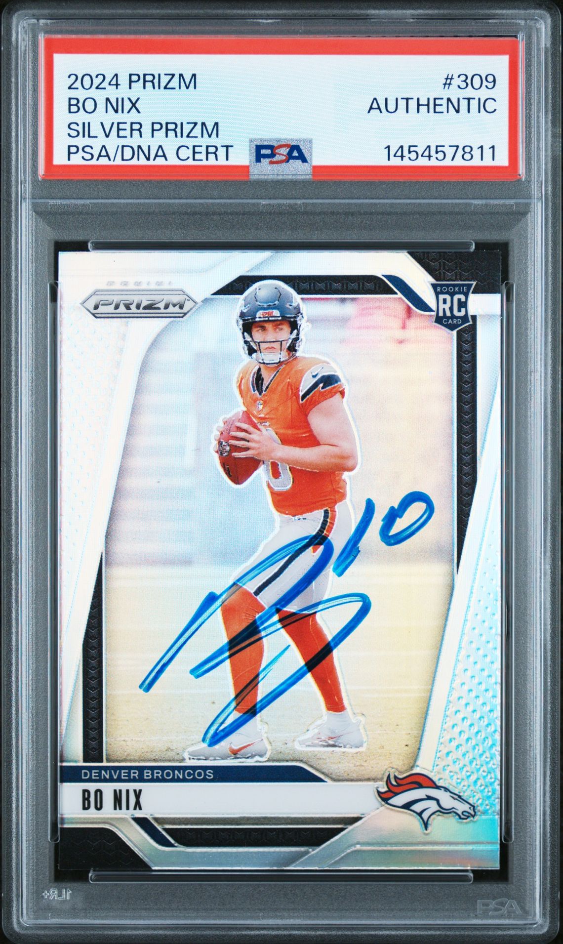 Bo Nix 2024 Panini Prizm Silver Signed Football Rookie Card #309 Graded PSA Authentic Auto Cert #145457811