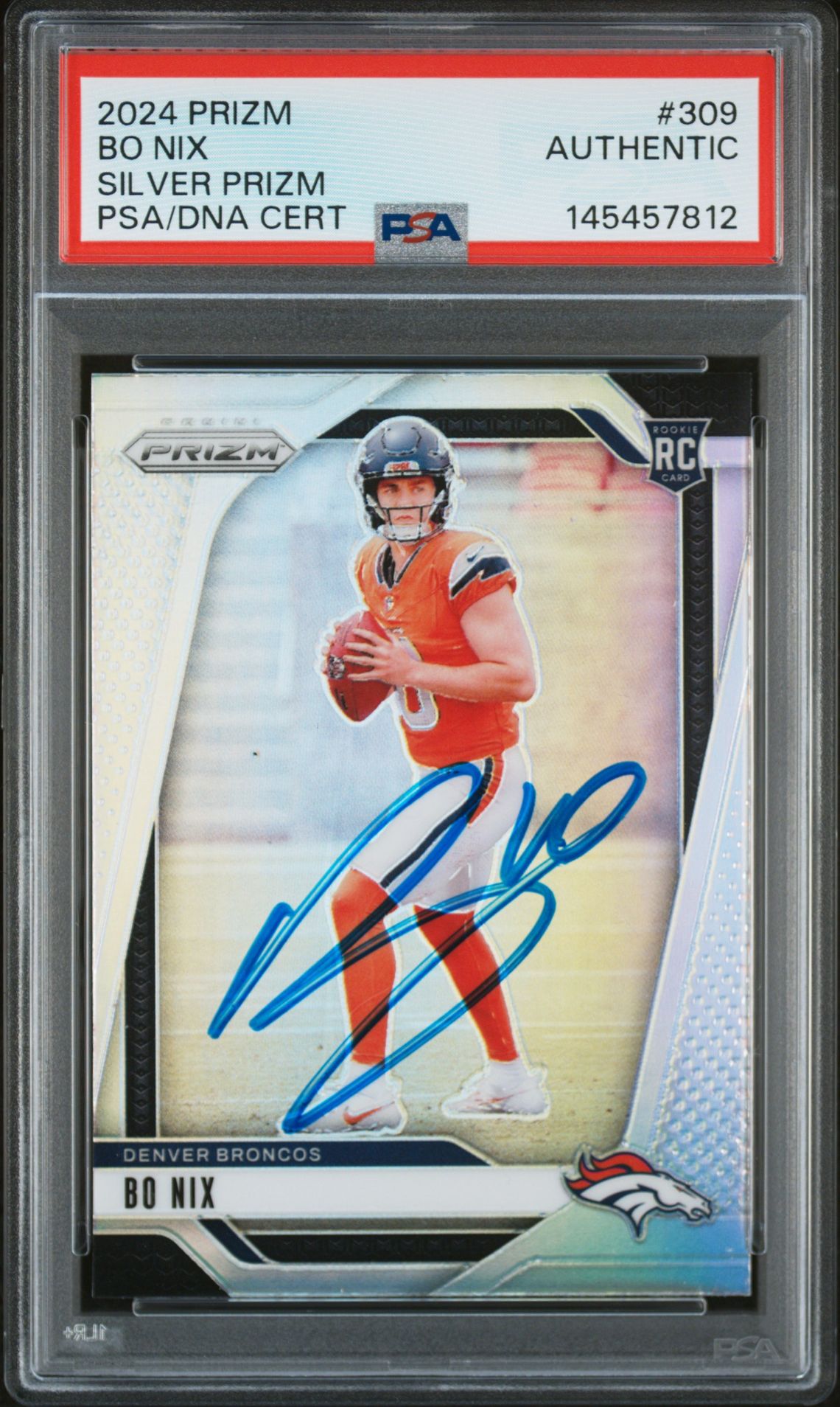 Bo Nix 2024 Panini Prizm Silver Signed Football Rookie Card #309 Graded PSA Authentic Auto Cert #145457812