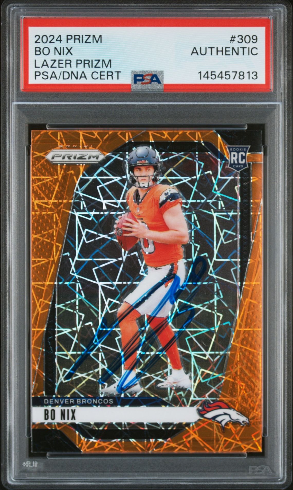Bo Nix 2024 Panini Prizm Lazer Signed Football Rookie Card #309 Graded PSA Authentic Auto Cert #145457813