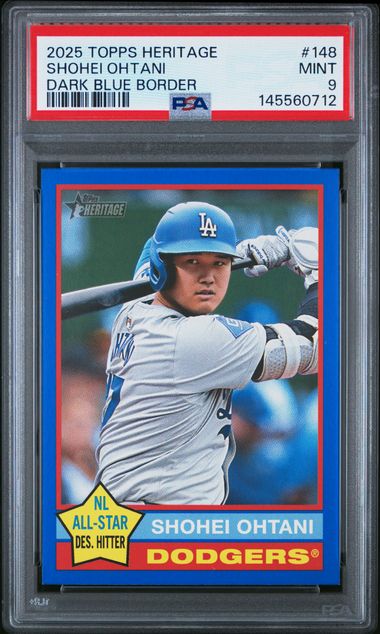 Shohei Ohtani 2025 Topps Heritage Los Angeles Dodgers Baseball Card #148 Dark Blue Border Graded PSA 9 Cert #145560712