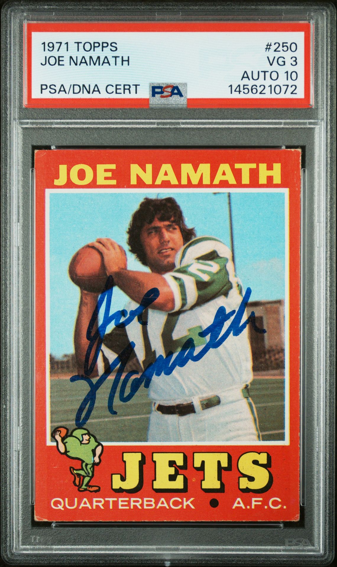 Joe Namath 1971 Topps New York Jets Signed Football Card #250 Graded PSA 3 Auto 10 Cert #145621072