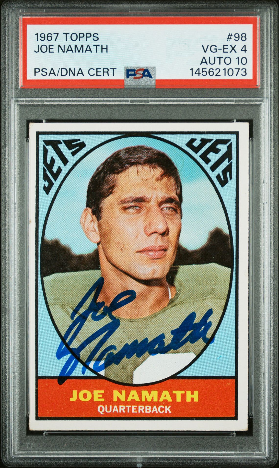 Joe Namath 1967 Topps New York Jets Signed Football Card #98 Graded PSA 4 Auto 10 Cert #145621073
