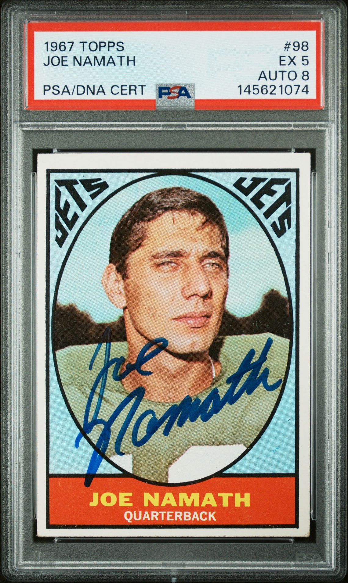 Joe Namath 1967 Topps New York Jets Signed Football Card #98 Graded PSA 5 Auto 8 Cert #145621074