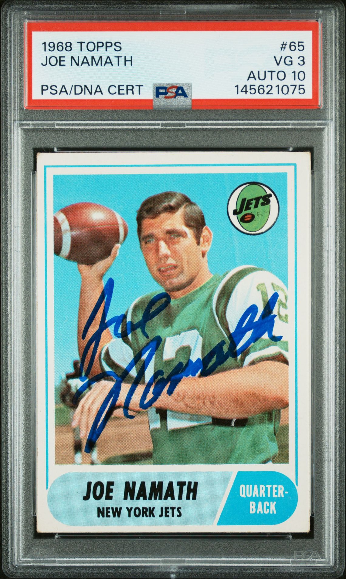 Joe Namath 1968 Topps New York Jets Signed Football Card #65 Graded PSA 3 Auto 10 Cert #145621075