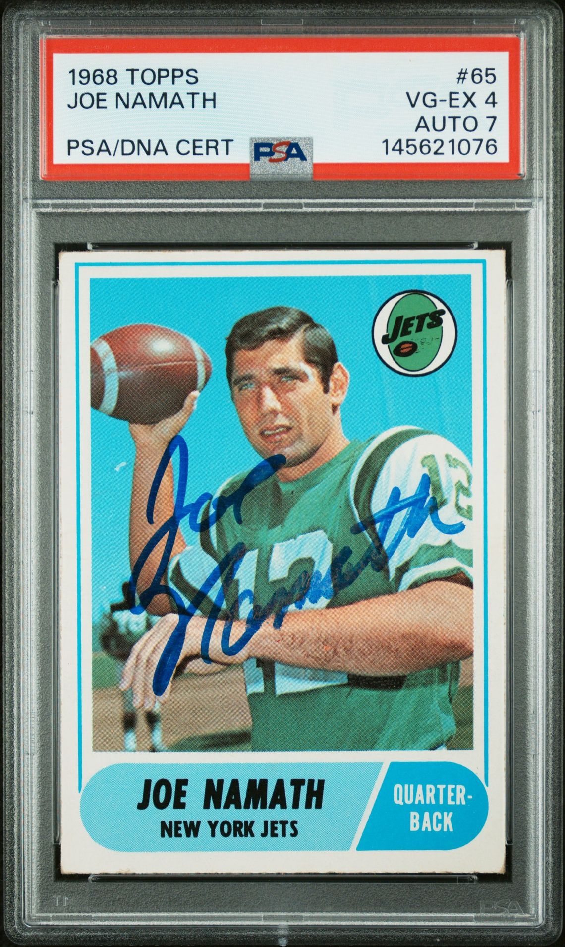 Joe Namath 1968 Topps New York Jets Signed Football Card #65 Graded PSA 4 Auto 7 Cert #145621076