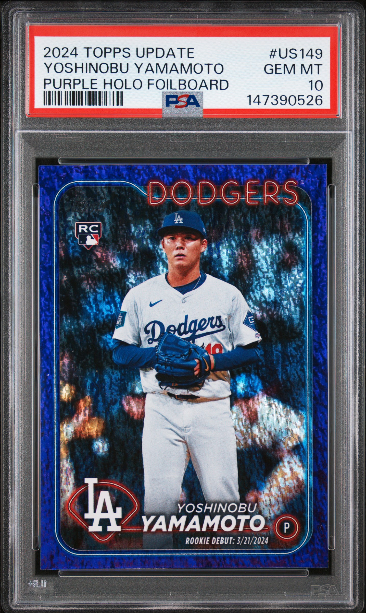 Yoshinobu Yamamoto 2024 Topps Update Purple Holo Foilboard Los Angeles Dodgers Baseball RC Rookie Card #US149 Serial #104/799 Graded PSA 10 Cert #147390526 Yoshinobu Yamamoto 2024 Topps Update Purple Holo Foilboard Los Angeles Dodgers Baseball RC Rookie Card #US149 Serial #104/799 Graded PSA 10 Cert #147390526