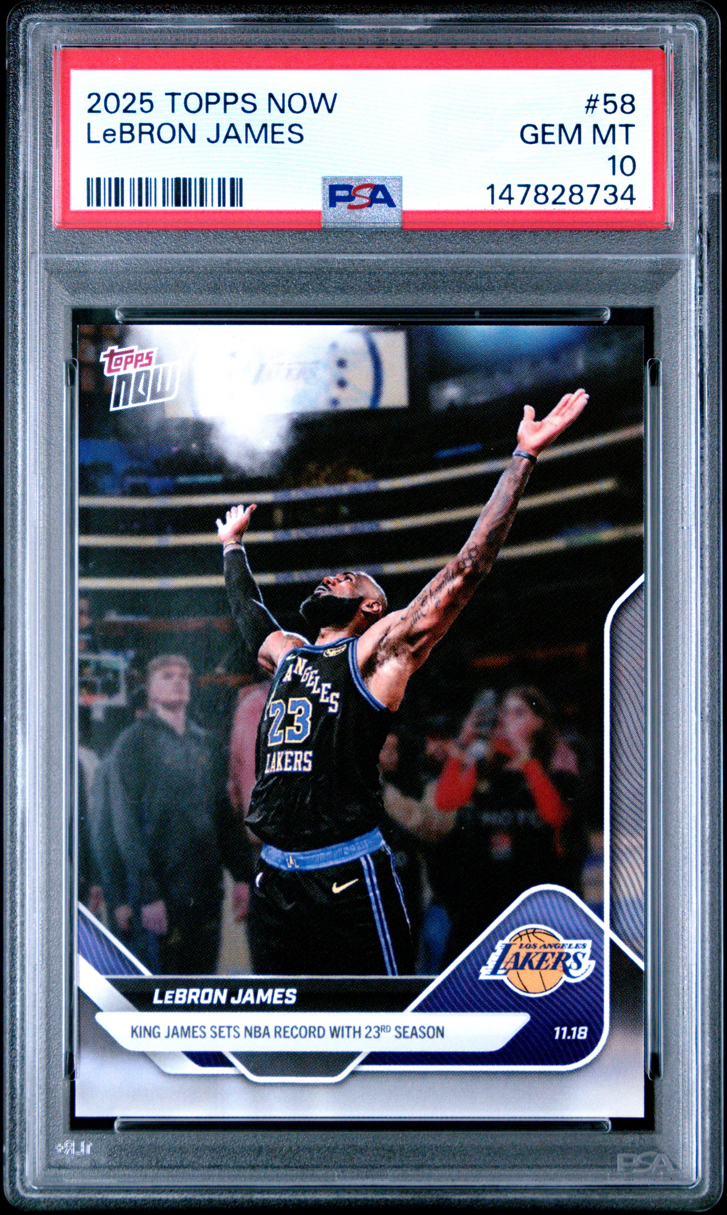 LeBron James 2025 Topps Now Los Angeles Lakers NBA Record 23 Season Basketball Card #58 Graded PSA 10 Cert #147828734