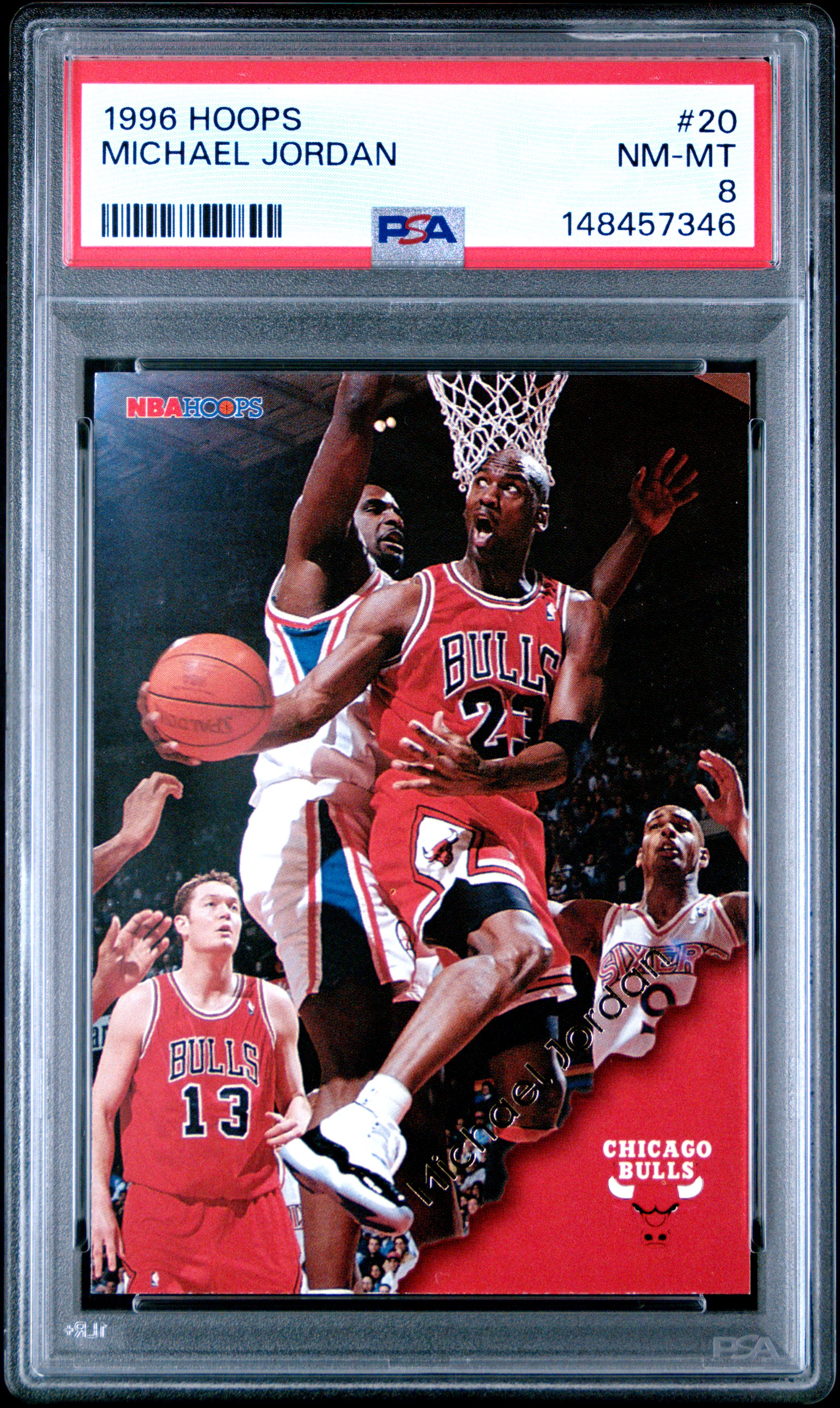 Michael Jordan 1996 Hoops Chicago Bulls Basketball Card #20 Graded PSA 8 Cert #148457346