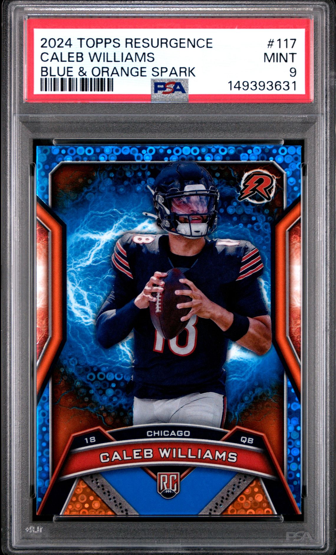 Caleb Williams 2024 Topps Resurgence Blue & Orange Spark Chicago Bears Football RC Rookie Card #117 Graded PSA 9 Cert #149393631 Caleb Williams 2024 Topps Resurgence Blue & Orange Spark Chicago Bears Football RC Rookie Card #117 Graded PSA 9 Cert #149393631