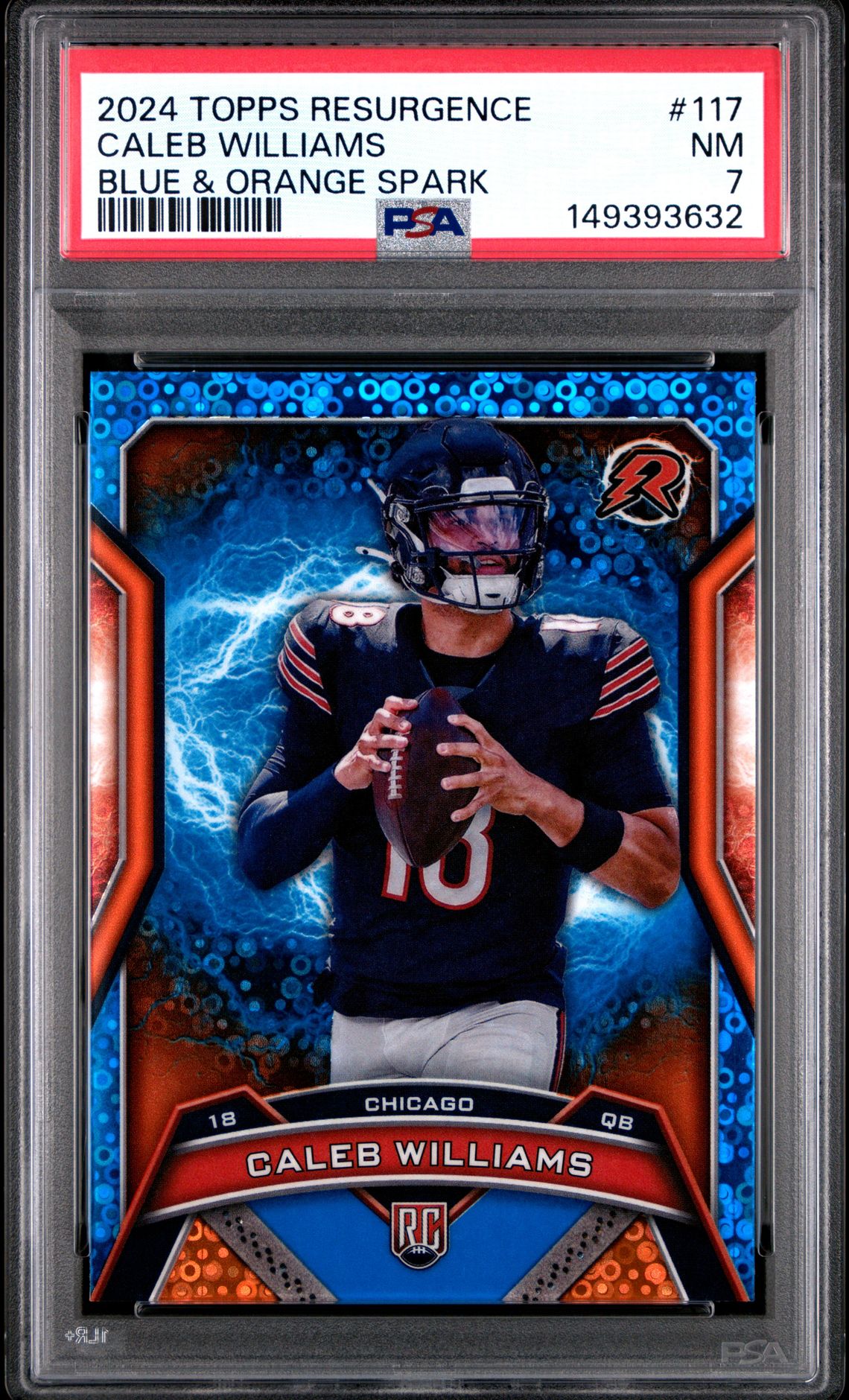 Caleb Williams 2024 Topps Resurgence Blue & Orange Spark Chicago Bears Football RC Rookie Card #117 Graded PSA 7 Cert #149393632 Caleb Williams 2024 Topps Resurgence Blue & Orange Spark Chicago Bears Football RC Rookie Card #117 Graded PSA 7 Cert #149393632