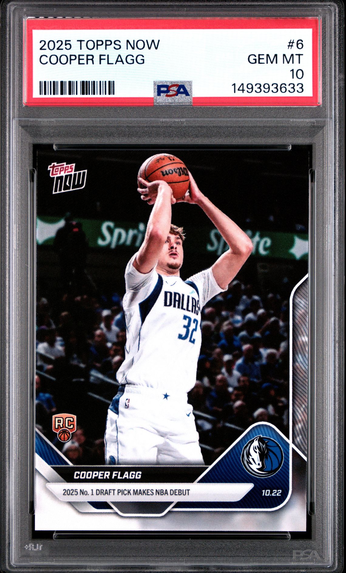 Cooper Flagg 2025 Topps Now Dallas Mavericks NBA Debut Basketball RC Rookie Card #6 Graded PSA 10 Cert #149393633 Cooper Flagg 2025 Topps Now Dallas Mavericks NBA Debut Basketball RC Rookie Card #6 Graded PSA 10 Cert #149393633