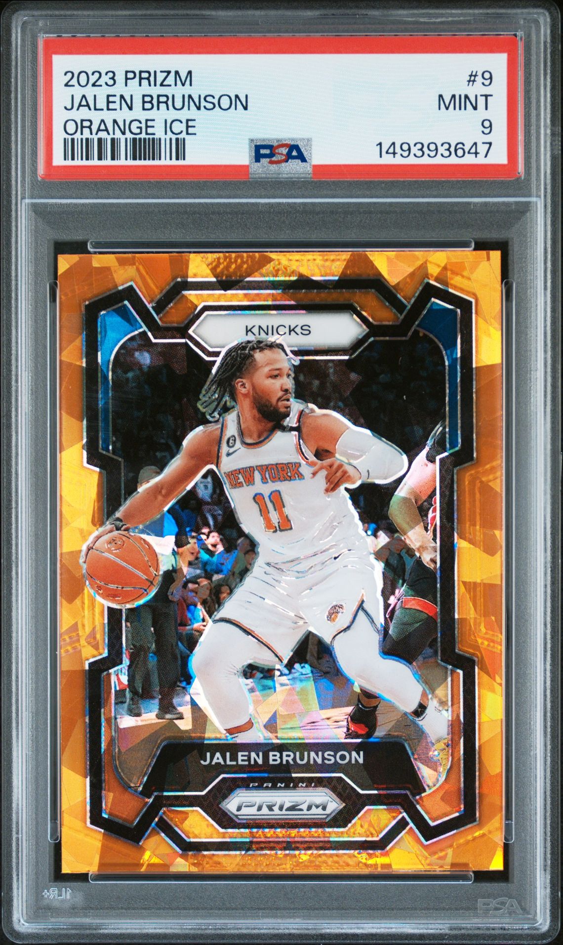 Jalen Brunson 2023 Panini Prizm Orange Ice New York Knicks Basketball Card #9 Graded PSA 9 Cert #149393647 Jalen Brunson 2023 Panini Prizm Orange Ice New York Knicks Basketball Card #9 Graded PSA 9 Cert #149393647