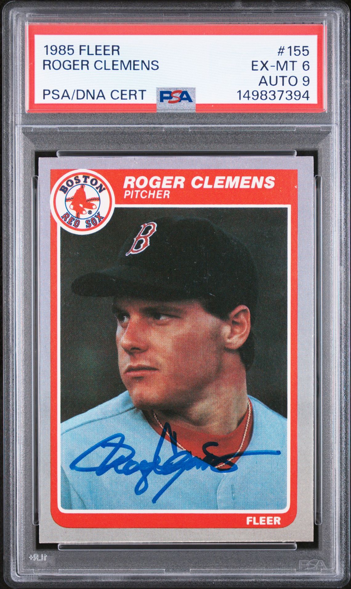 Roger Clemens 1985 Fleer Boston Red Sox Signed Baseball RC Rookie Card #155 Graded PSA 6 Auto 9 Cert #149837394 Roger Clemens 1985 Fleer Boston Red Sox Signed Baseball RC Rookie Card #155 Graded PSA 6 Auto 9 Cert #149837394