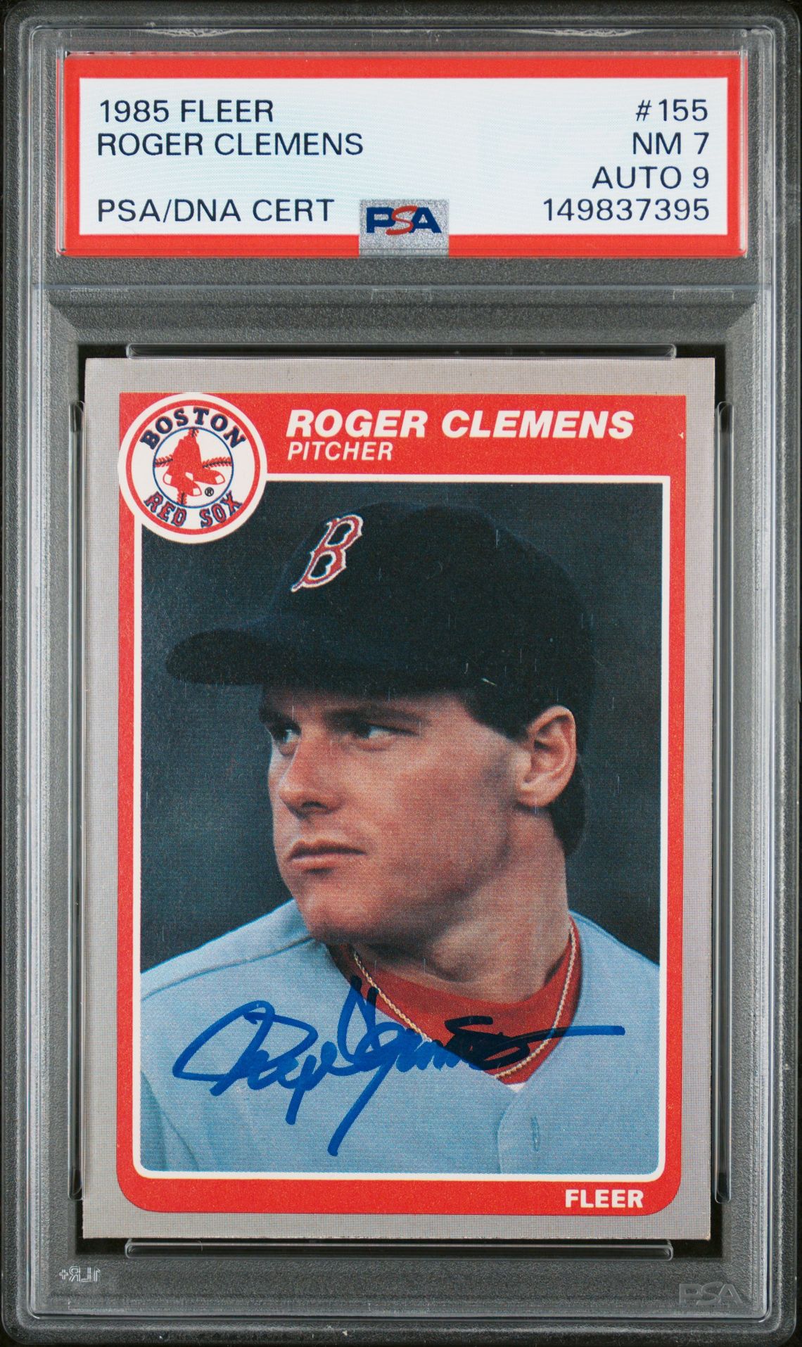 Roger Clemens 1985 Fleer Boston Red Sox Signed Baseball RC Rookie Card #155 Graded PSA 7 Auto 9 Cert #149837395 Roger Clemens 1985 Fleer Boston Red Sox Signed Baseball RC Rookie Card #155 Graded PSA 7 Auto 9 Cert #149837395