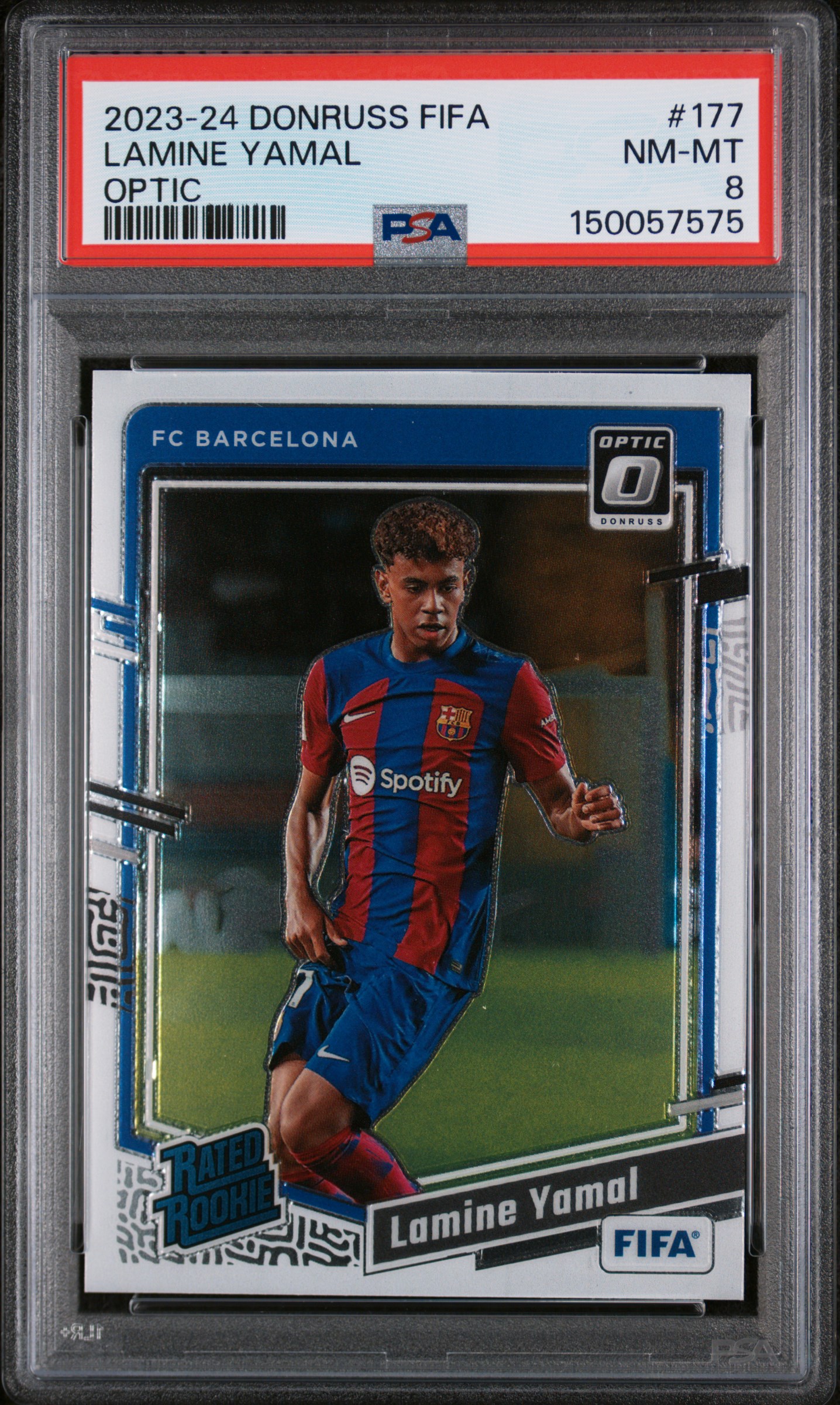Lamine Yamal 2023-24 Donruss FIFA Optic Rated Rookie RC FC Barcelona Soccer Card #177 Graded PSA 8 Cert #150057575