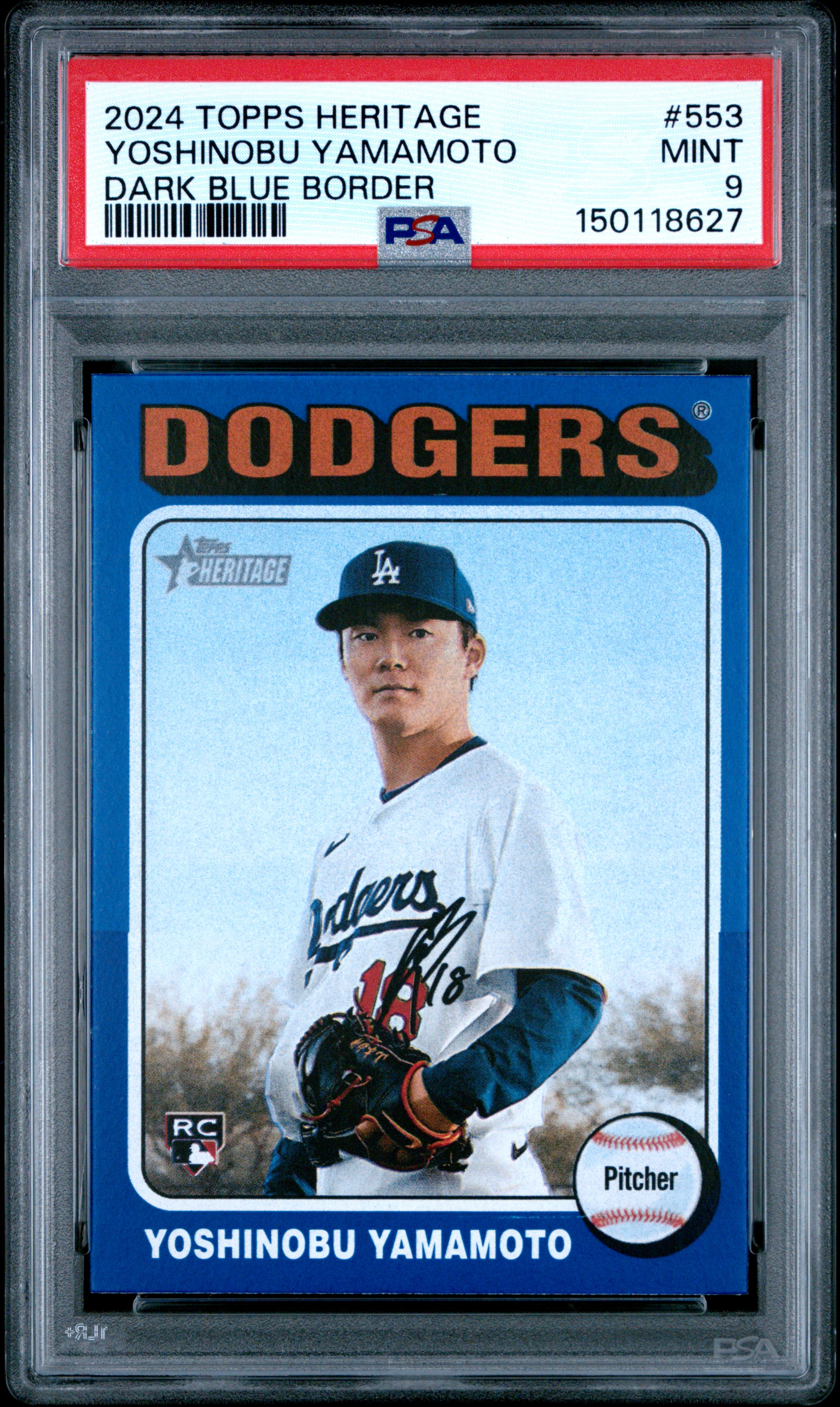 Yoshinobu Yamamoto 2024 Topps Heritage Dark Blue Border Los Angeles Dodgers Baseball RC Rookie Card #553 Graded PSA 9 Cert #150118627 Yoshinobu Yamamoto 2024 Topps Heritage Dark Blue Border Los Angeles Dodgers Baseball RC Rookie Card #553 Graded PSA 9 Cert #150118627