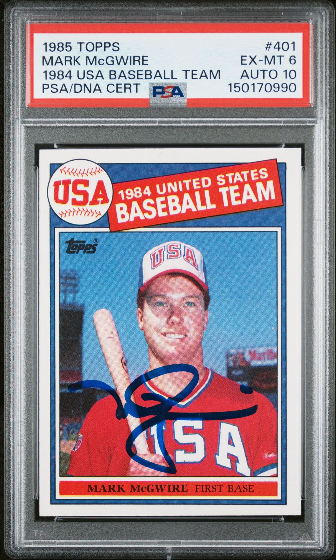 Mark McGwire 1985 Topps 1984 USA Baseball Team Signed Baseball RC Rookie Card #401 Graded PSA 6 Auto 10 Cert #150170990 Mark McGwire 1985 Topps 1984 USA Baseball Team Signed Baseball RC Rookie Card #401 Graded PSA 6 Auto 10 Cert #150170990