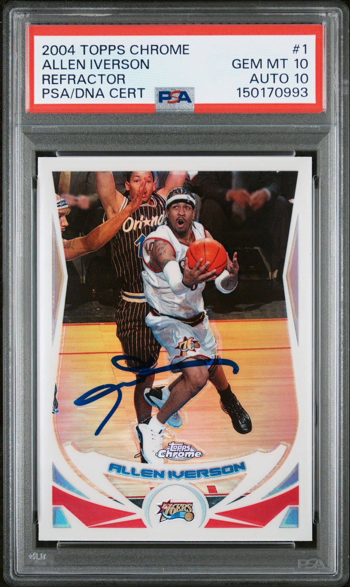 Allen Iverson 2004 Topps Chrome Refractor Signed Philadelphia 76ers Basketball Card #1 Graded PSA 10 Auto 10 Cert #150170993 Allen Iverson 2004 Topps Chrome Refractor Signed Philadelphia 76ers Basketball Card #1 Graded PSA 10 Auto 10 Cert #150170993