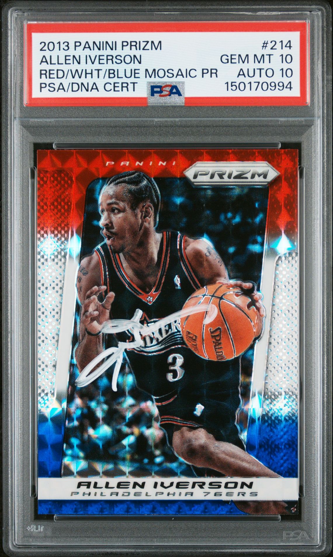 Allen Iverson 2013 Panini Prizm Red White Blue Mosaic Signed Philadelphia 76ers Basketball Card #214 Graded PSA 10 Auto 10 Cert #150170994 Allen Iverson 2013 Panini Prizm Red White Blue Mosaic Signed Philadelphia 76ers Basketball Card #214 Graded PSA 10 Auto 10 Cert #150170994