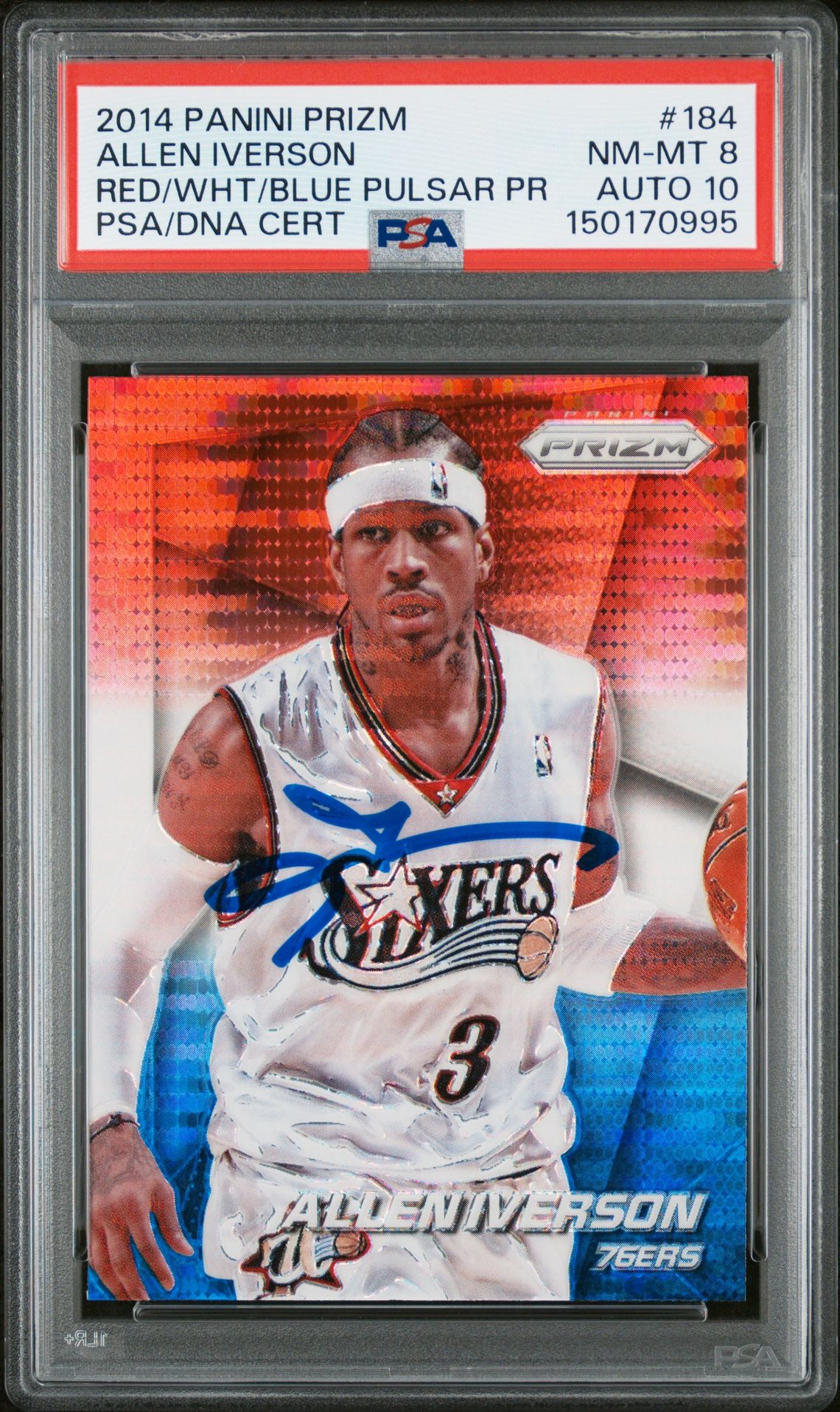 Allen Iverson 2014 Panini Prizm Red White Blue Pulsar Signed Philadelphia 76ers Basketball Card #184 Graded PSA 8 Auto 10 Cert #150170995 Allen Iverson 2014 Panini Prizm Red White Blue Pulsar Signed Philadelphia 76ers Basketball Card #184 Graded PSA 8 Auto 10 Cert #150170995