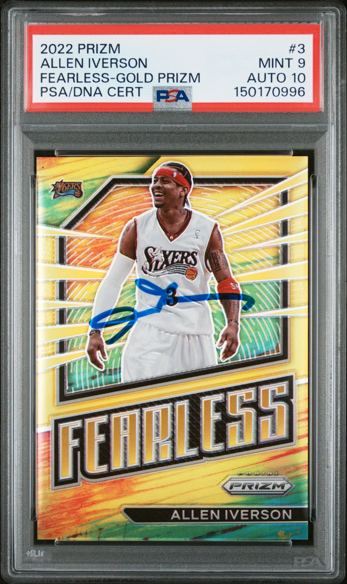Allen Iverson 2022 Panini Prizm Fearless Gold Signed Philadelphia 76ers Basketball Card #3 Serial 1/10 Graded PSA 9 Auto 10 Cert #150170996 Allen Iverson 2022 Panini Prizm Fearless Gold Signed Philadelphia 76ers Basketball Card #3 Serial 1/10 Graded PSA 9 Auto 10 Cert #150170996